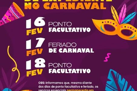 Confira a alteração do expediente da Prefeitura durante o período de Carnaval: