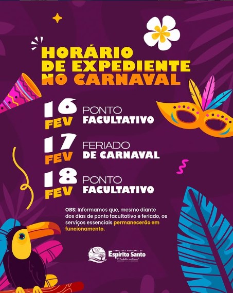 Confira a alteração do expediente da Prefeitura durante o período de Carnaval:
